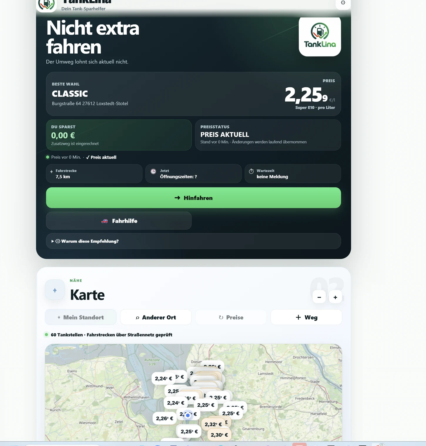 TankLina Bildschirm mit Empfehlung, Ersparnis und Hinfahren-Button
