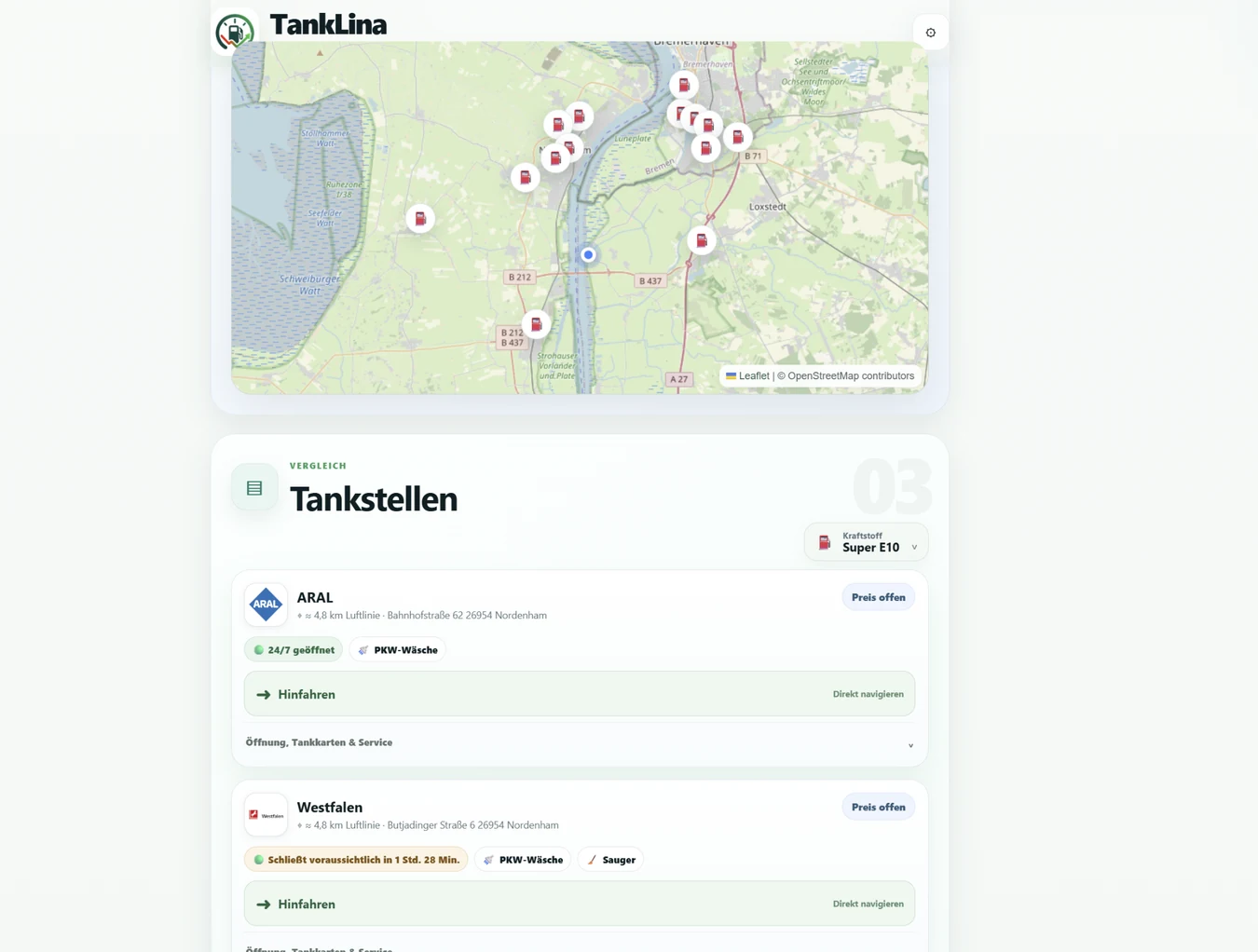 TankLina Karten- und Tankstellenansicht